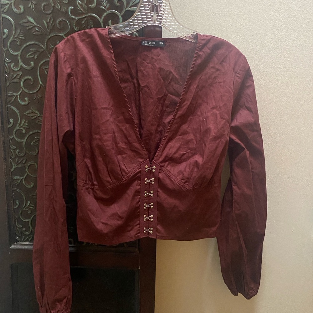 Cotton On Red Fitted Crop Blouse with Mandarin Collar